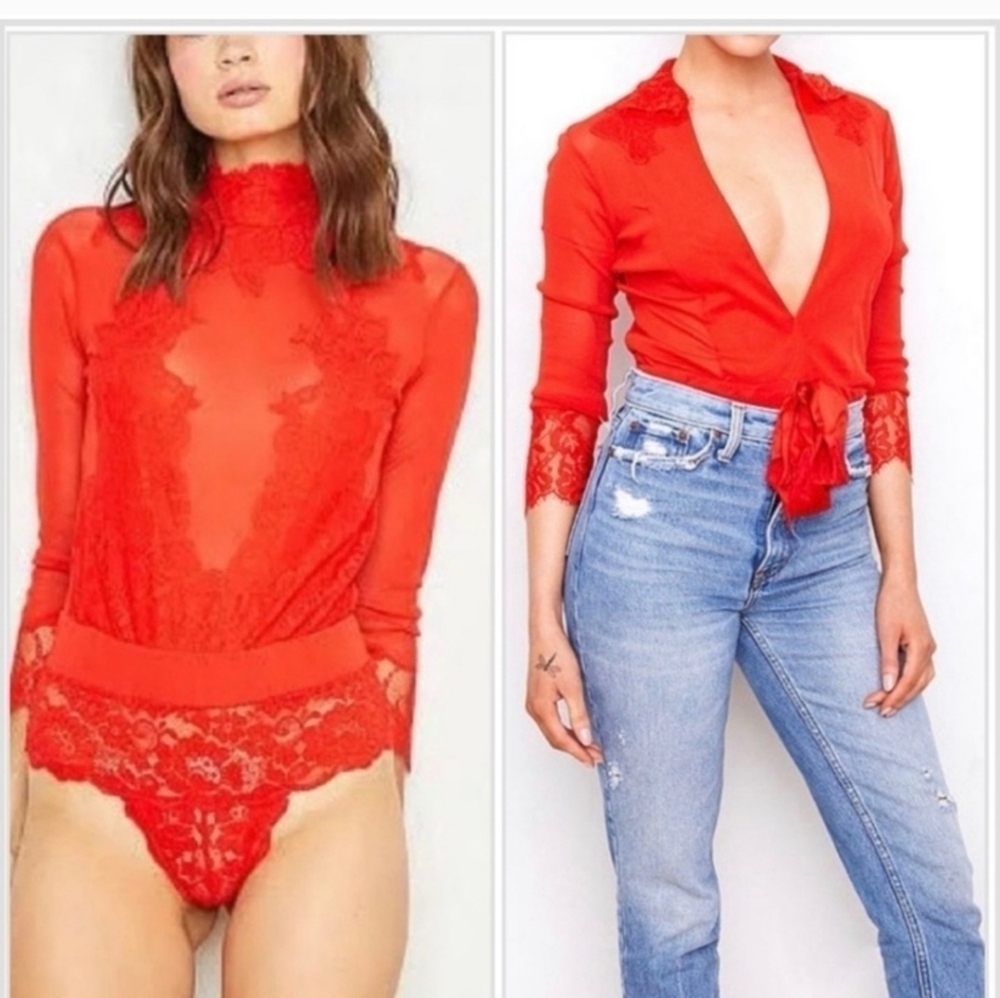HAH Take HAH Bow Reversible Bodysuit Blood Orange Red S NEW! Free People Revolve